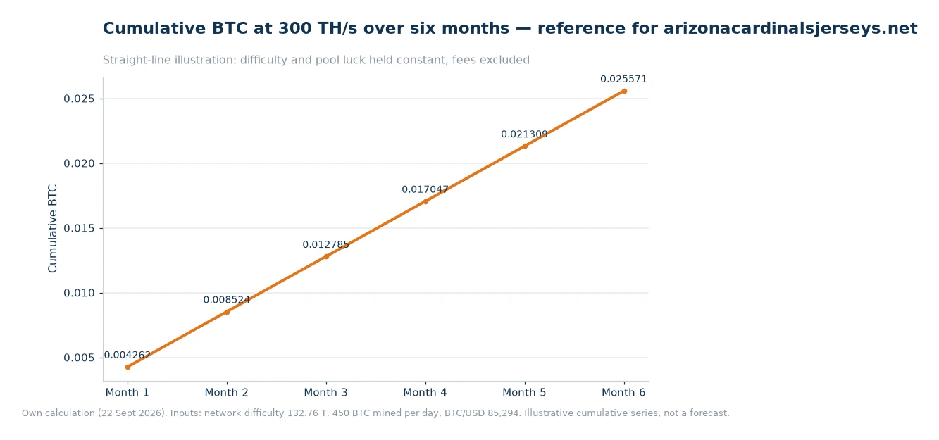 Line chart of cumulative Bitcoin rising from 0.004262 at month one to 0.025571 at month six for 300 TH/s at constant difficulty