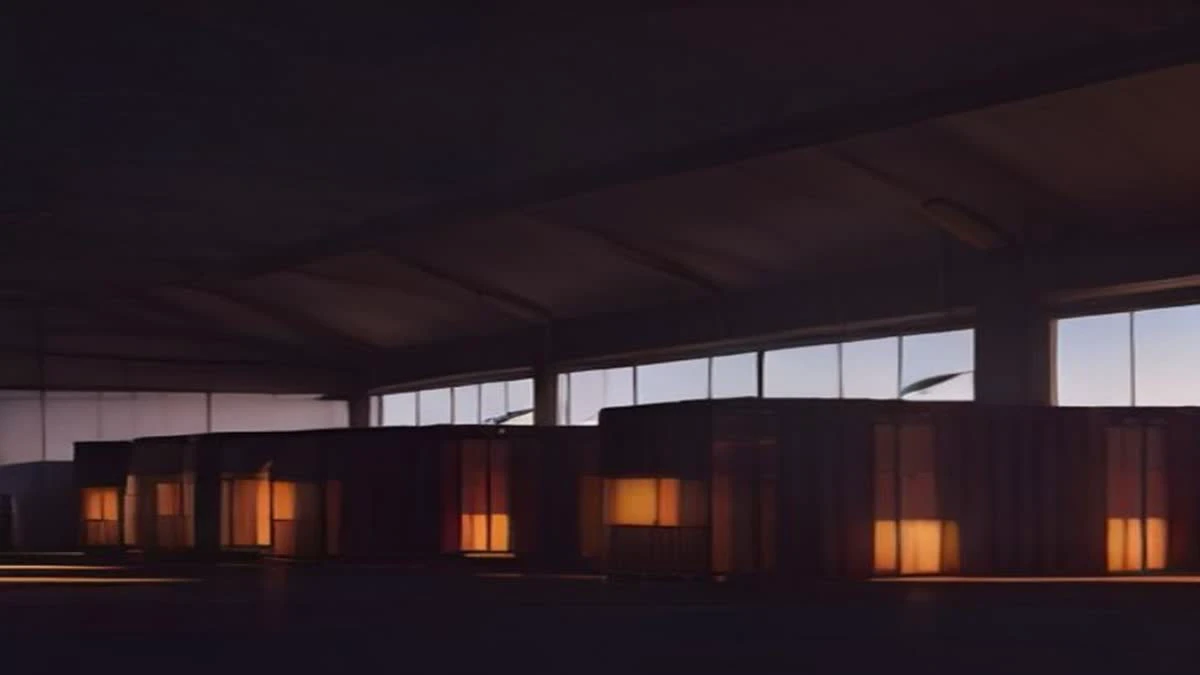 Wide view of a containerised mining farm at dusk with warm work lights